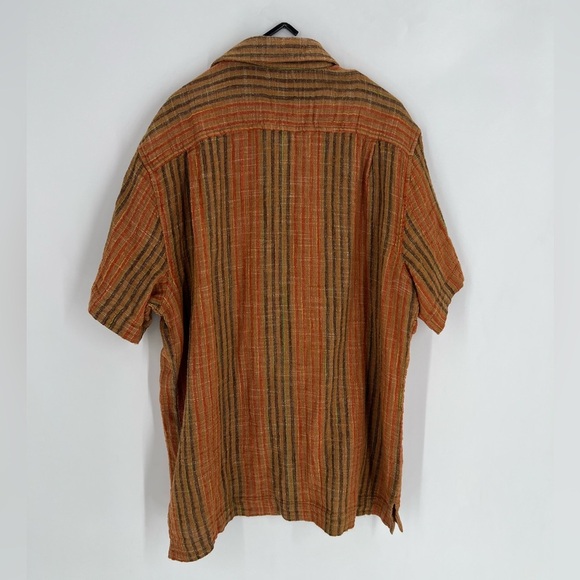 BDG Men’s Eli Striped Camp Collar Short Sleeve Button Down Shirt In Brown Multi - Picture 8 of 8